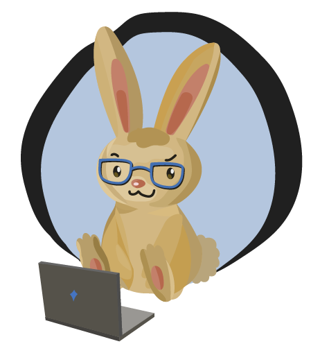 Tech-savvy bunny named Quincy with glasses working on a laptop