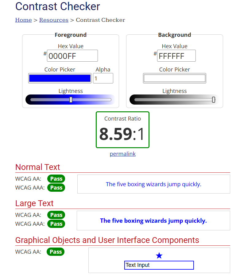 Screenshot of the free WCAG color contrast checker provided by WebAIM
