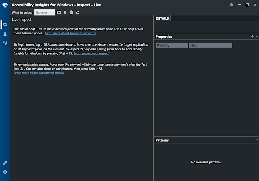A screenshot showing the Accessibility Insights for Windows application is open to the Inspect tab, showing the UI navigation buttons on the left, Live Inspect in the center pane, more property details in the right pane and toolbar options such as controls and Target Element on top.