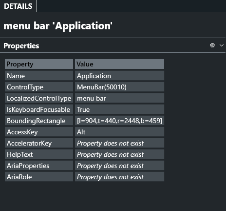 Details pane and show in the live inspect window. The inspector is focused on the menu bar of Notepad.