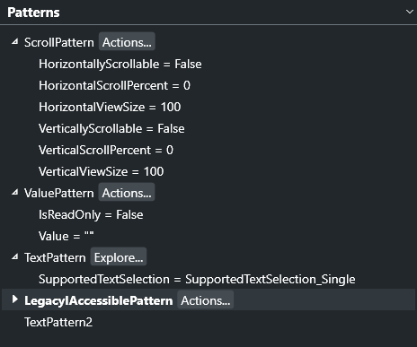 Patterns pane as show in the Live Inspect window. The inspector is focused on the document element of Notepad and the ScrollPattern, ValuePattern, and TextPattern tree items are expanded.