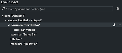 A screenshot of the hierarchy tree in the Live Inspect panel displays the UI structure of Notepad, with focus on the Document element nested under the main text area. This illustrates how interface elements are organized in a parent-child relationship for accessibility tools.