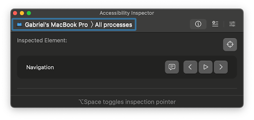 A screenshot of the Mac Accessibility Inspector window with 'All Processes' selected. The window shows a section labeled 'Navigation,' displaying several icon-based controls.