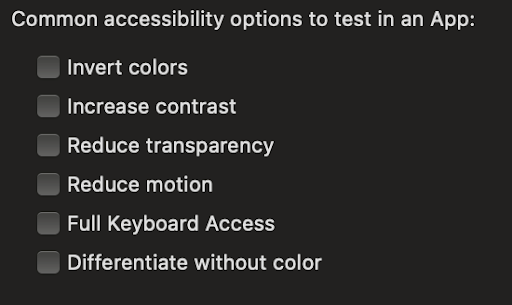 A screenshot of the accessibility settings options in Accessibility Inspector. It is a list of checkboxes that lets you invert colors, increase contrast, enable reduced motion and more.