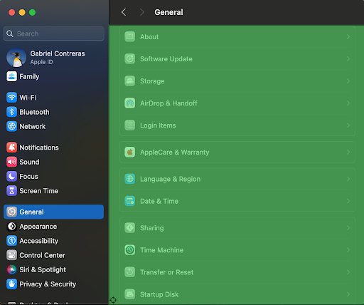 A screenshot of the actual General System Settings application on a Mac machine with an overlay of a green box highlighting the menu region under the 'General' header showing that this is the region being currently inspected.