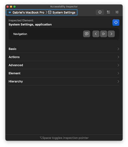 A screenshot of the Mac Accessibility Inspector window with 'System Settings' application selected. The inspector displays a list of user interface elements grouped under headings such as 'Advanced' and 'Actions,' showing how the inspector categorizes sections for inspection.