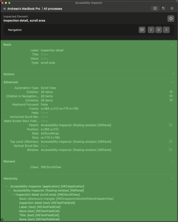 A screenshot of the Mac Accessibility Inspector highlighting interface elements with a semi-transparent green overlay. The light green text (110,174,106) appears against a green background (69,124,64) with a color contrast of approximately 1.88.