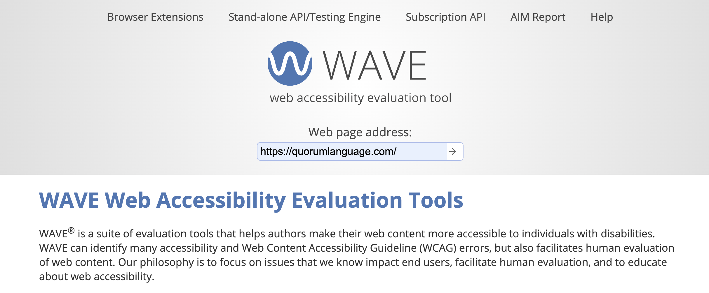 A screenshot of the WAVE website with the URL address line populated with the Quorum Language website URL.