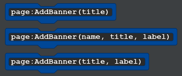 This shows a snippet from the palette for actions related to the banner. There are three AddBanner actions, the first with just a title. The second has name, title, and label. The third is title and label.