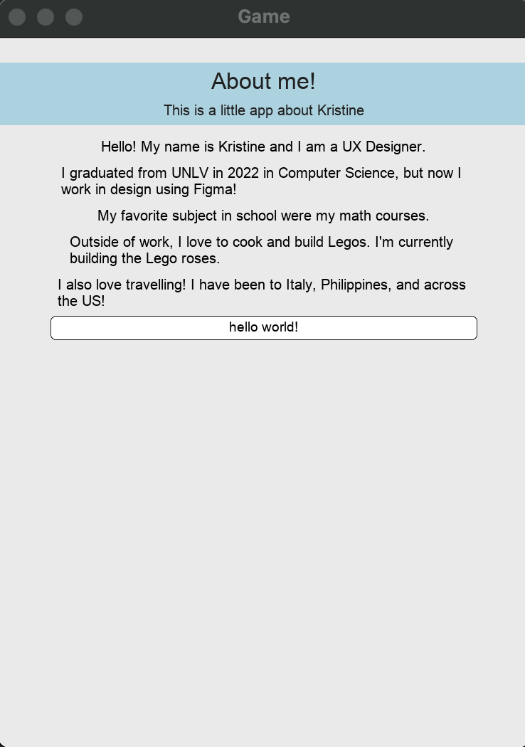 This is an example about page about the person that wrote this example app, Kristine Monsada. She is a UX designer, graduated from UNLV in 2022, likes math and LEGOS. She also just got engaged, but don't tell her I told you, as it is not in the image. 