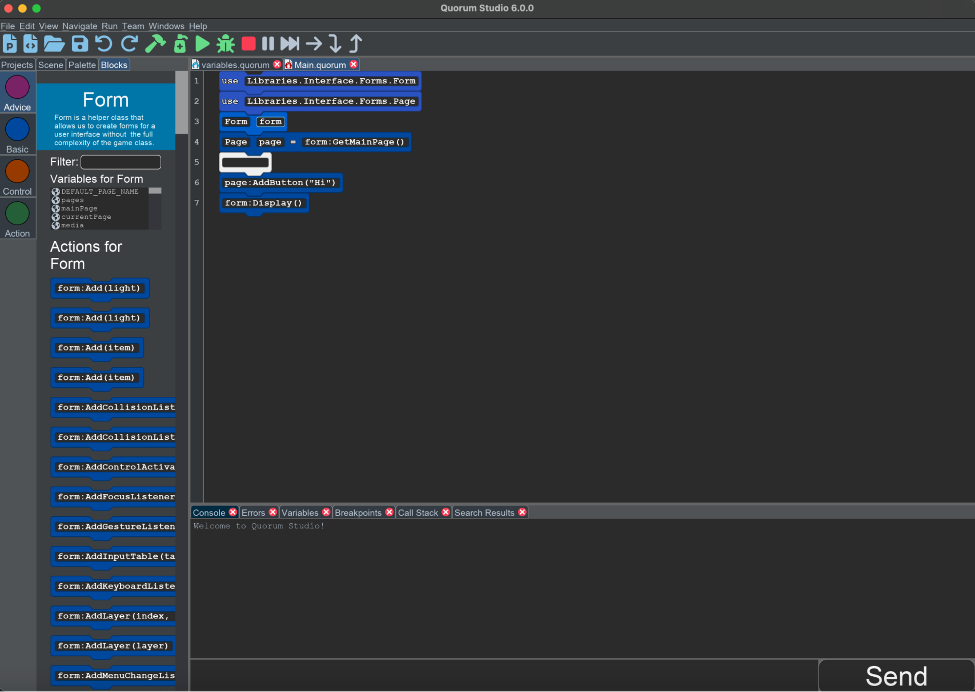 This application shows the default template for an app. It also shows the palette for the Form object.