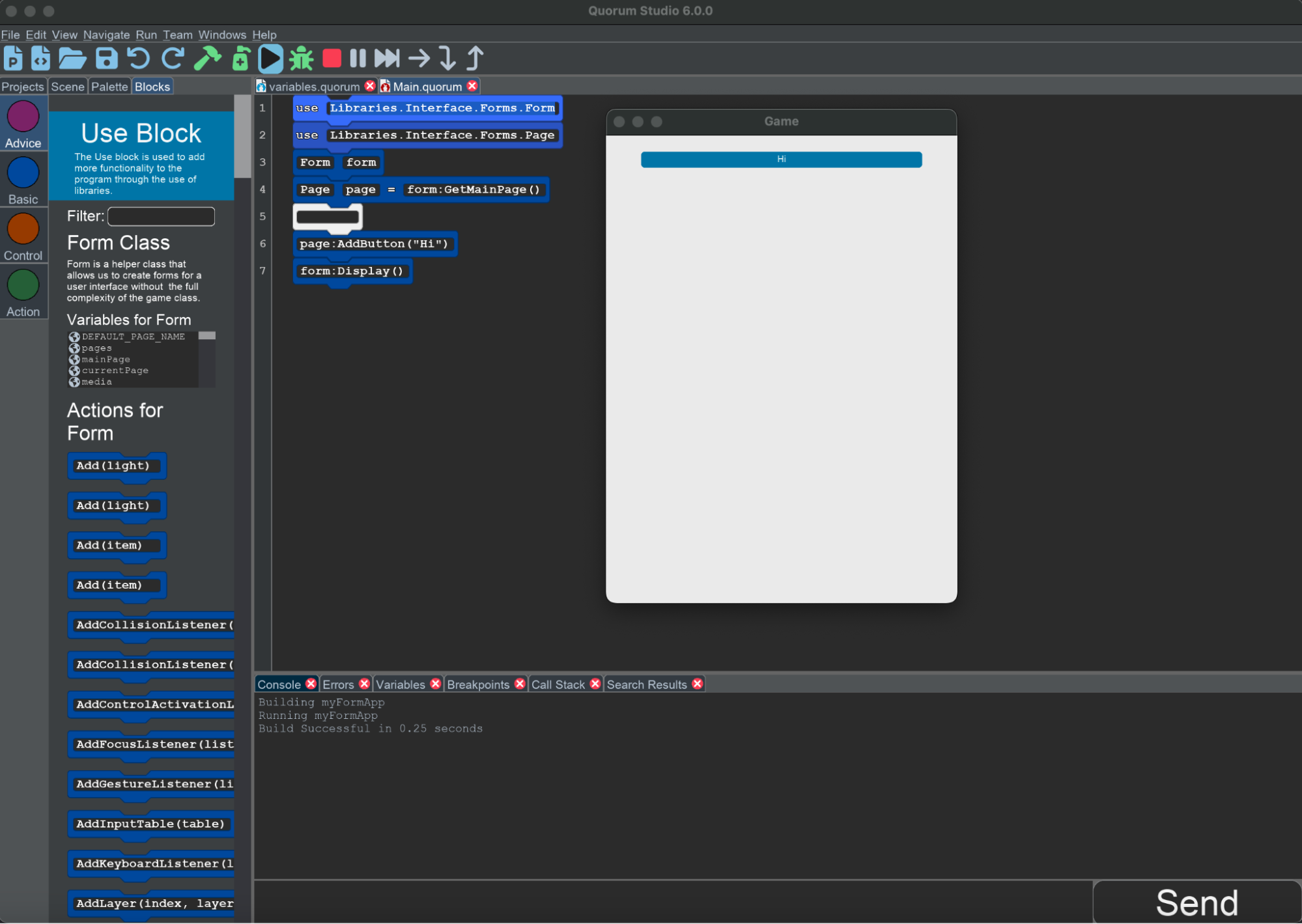 This image shows Quorum Studio, but with your app inside it. It shows that app plus the Hi button in the middle. The button is blue with white text inside it.