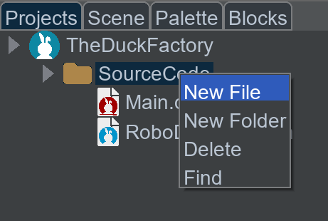 This shows the source code folder highlighted with the context menu open. In it, New File, New Folder, Delete, and Find are in the menu. New File is highlighted. 