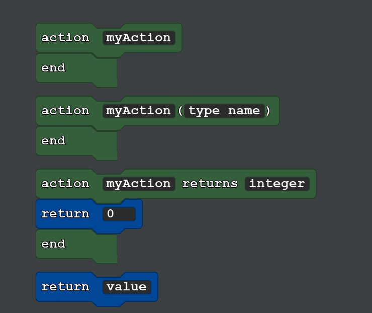 A screenshot of part of the Action tab. It shows the three types of actions, as well as the return block.