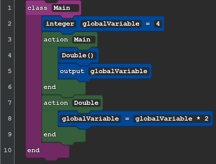 This demonstrates a class. The code is

class Main
   integer globalVariable = 4
   action Main
      Double()
      output globalVariable
   end

   action Double
      globalVariable = globalVariable * 2
   end
end