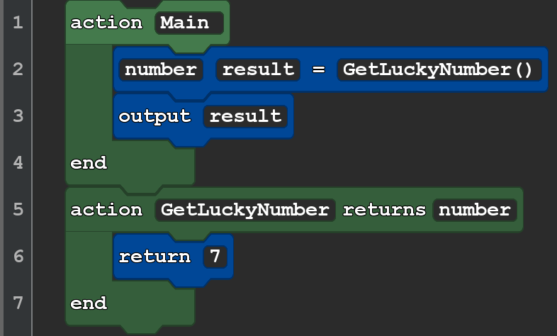 A screenshot of a Quorum program. It reads:

action Main
number result = GetLuckyNumber()
output result
end
action GetLuckyNumber returns number
return 7
end