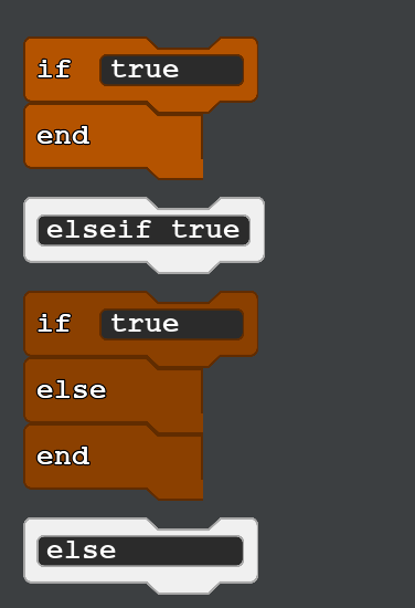 A screenshot code blocks Quorum studio showing the conditionals available that read:
if true
end

elseif true

if true
else
end

else