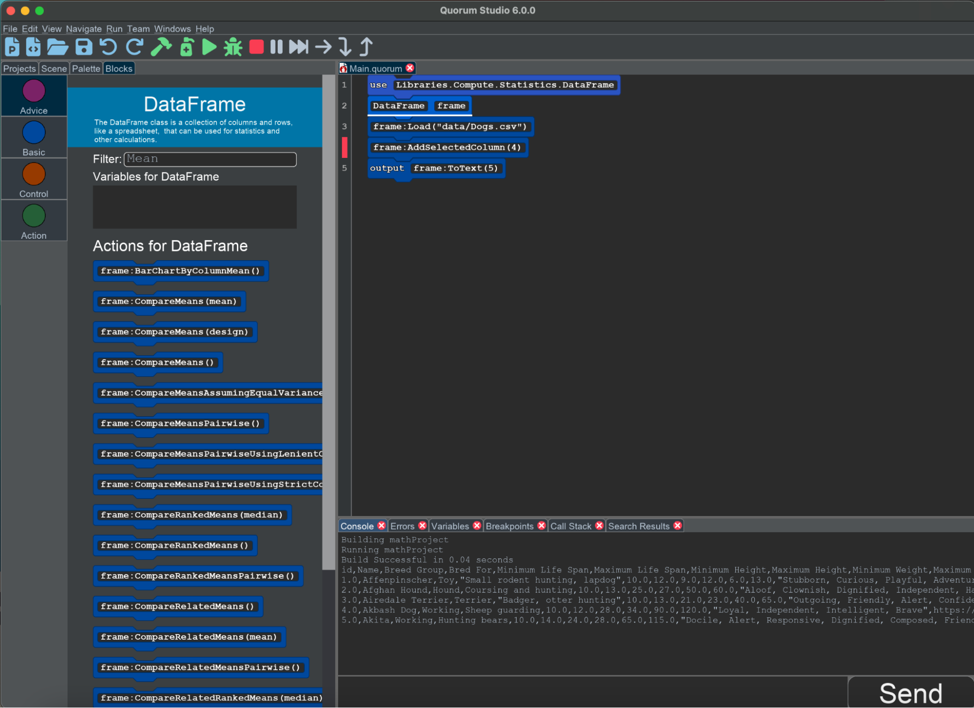 Screenshot of filtering the DataFrame object by finding the Mean action and filters out actions without the keyword: mean