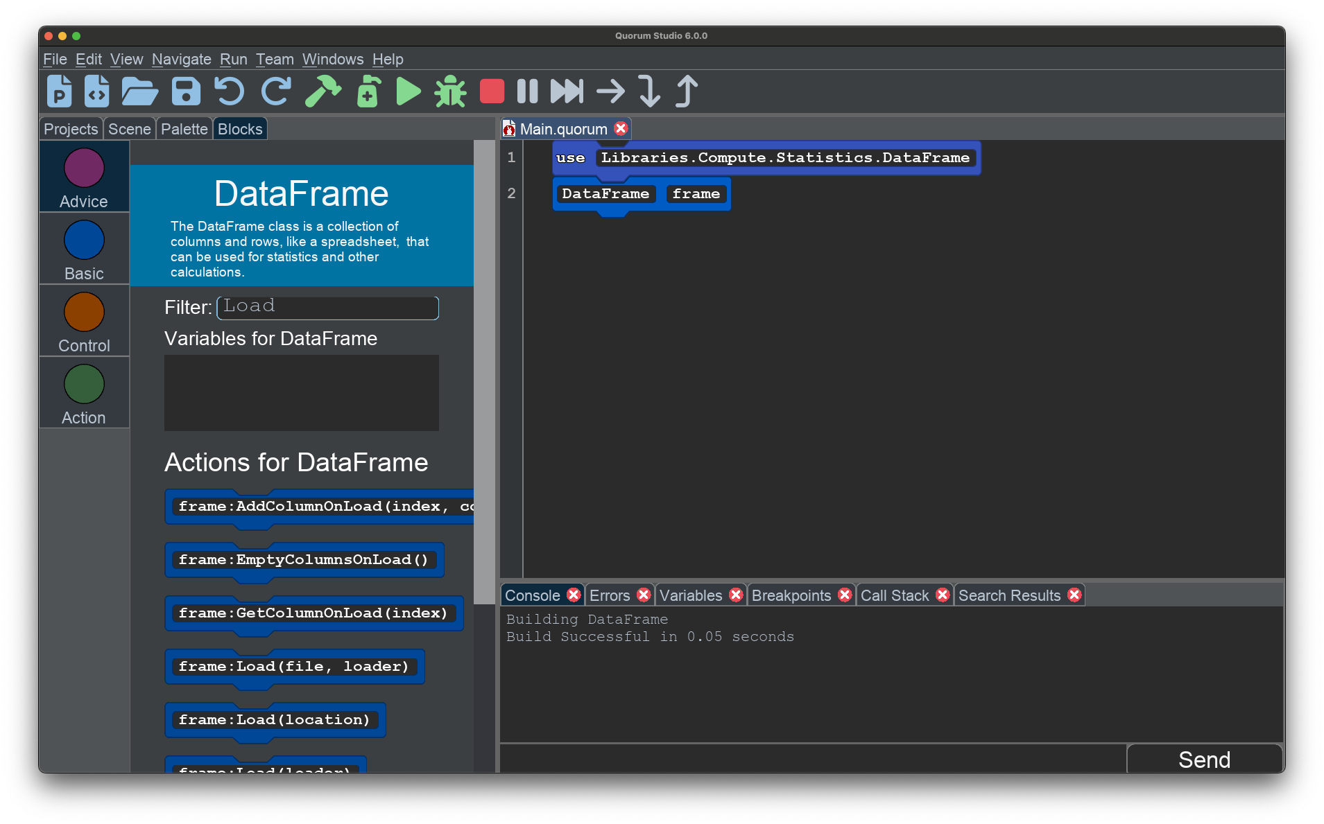 A snippet of code that reads:
use Libraries.Compute.Statistics.DataFrame
DataFrame frame