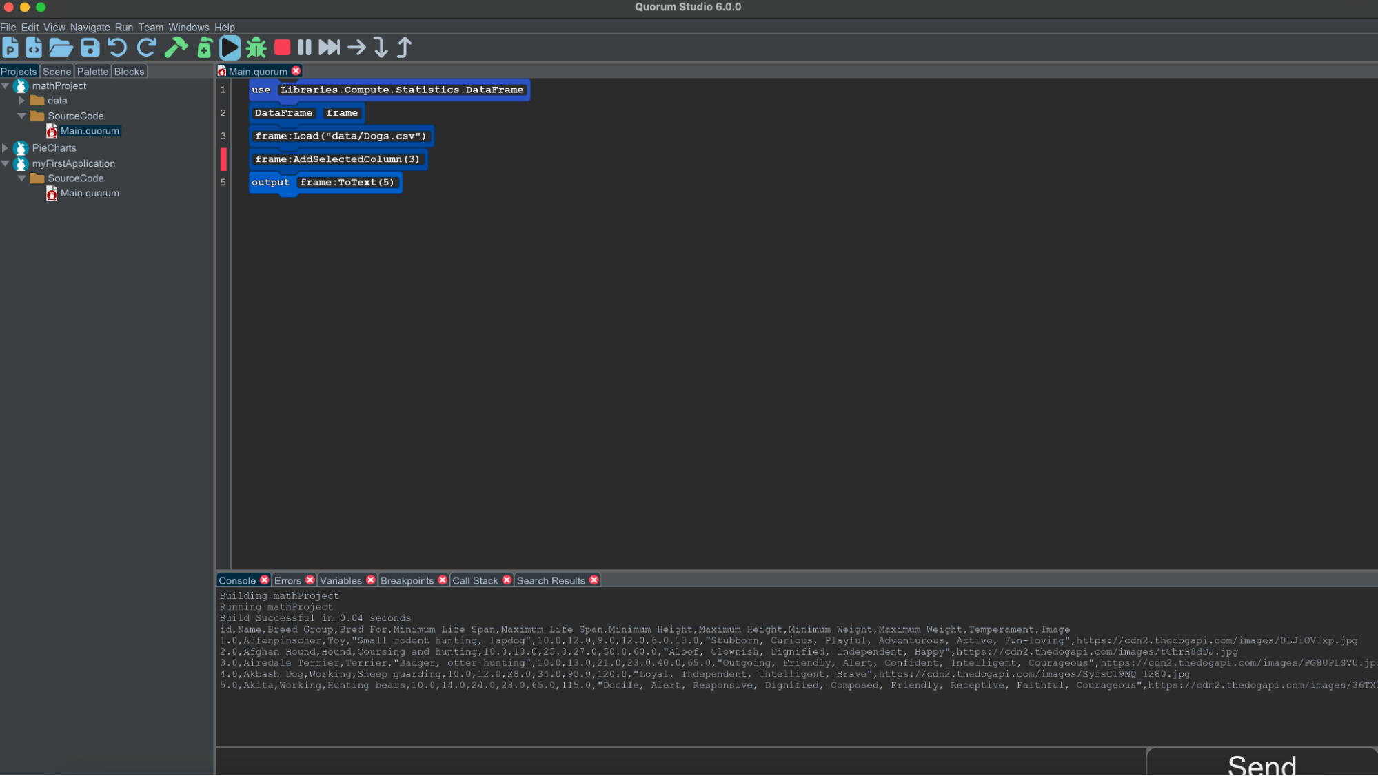 A snippet of code that reads:
use Libraries.Compute.Statistics.DataFrame
DataFrame frame
frame:Load(''Data.csv'')
frameLAddSelectedColumn(0)
frame:ToText()

The console output shows the CSV file. The content of this file is not important, but it contains about 10 columns of material.