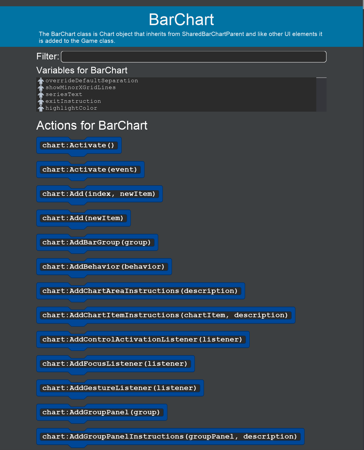 The Advice column in the Blocks tab showing all available actions for the BarChart object