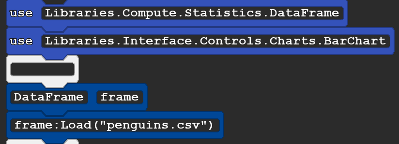 A quorum code block that reads:
        use Libraries.Compute.Statistics.DataFrame
use Libraries.Interface.Controls.Charts.BarChart 

DataFrame frame
frame:Load(''penguins.csv'')