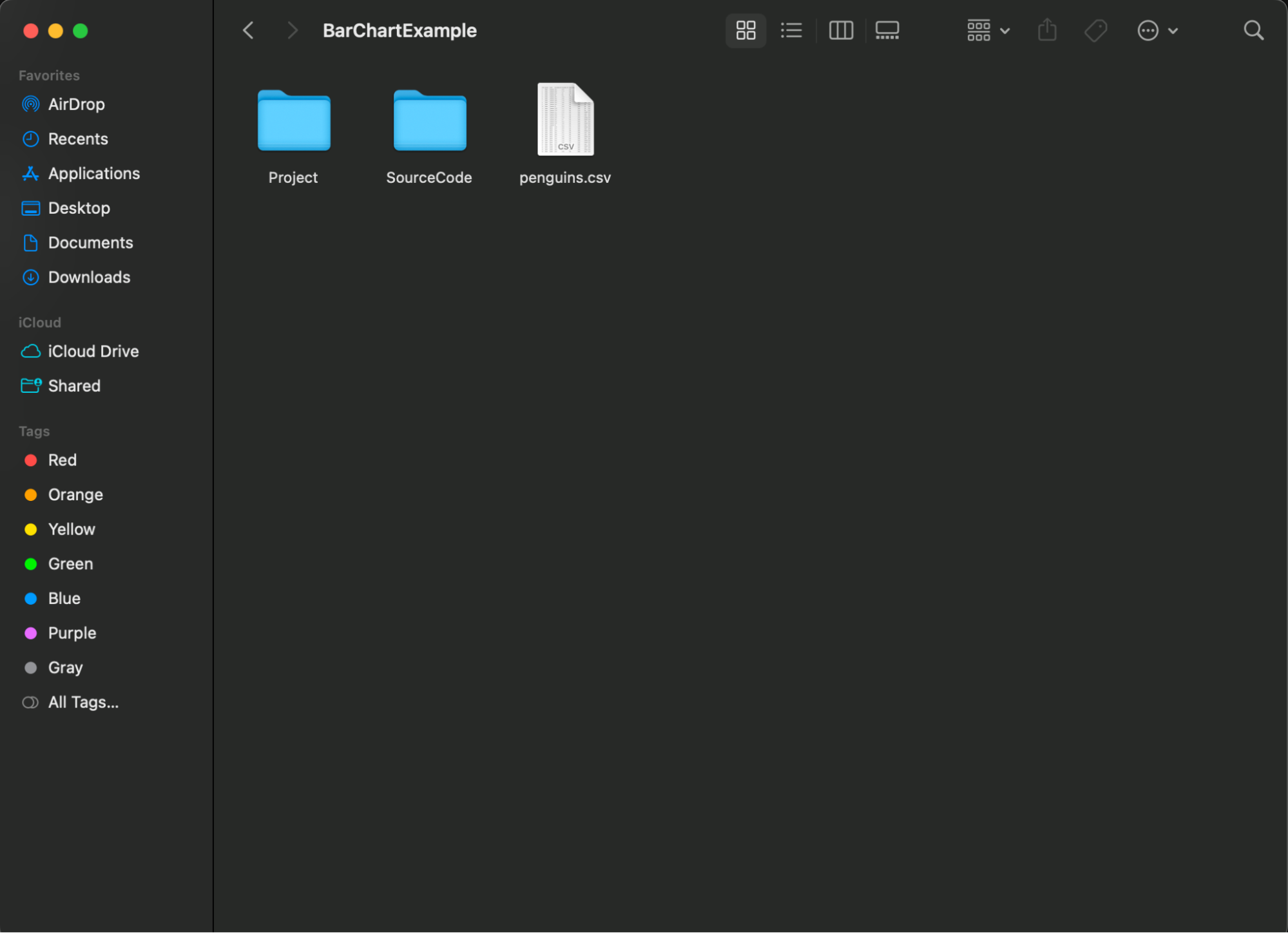 A picture showing the file explorer on Mac. It shows the BarChartExample directory, and it contains two folders, Project and SourceCode, and a file called penguins.csv.