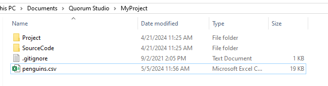 A picture showing the file explorer on Windows. It shows the MyProject directory, and it contains two folders, Project and SourceCode, as well as a file called .gitignore, and a file called penguins.csv.