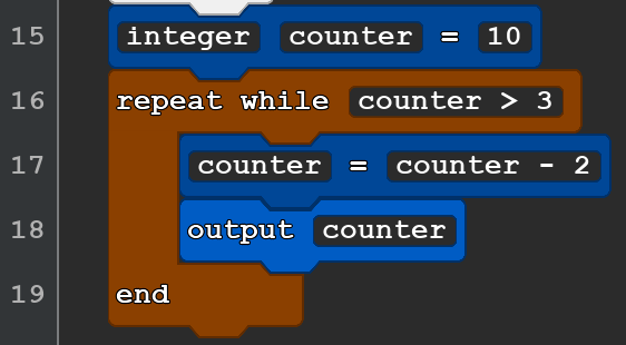 A 5-line Quorum Studio program. It reads:
integer counter = 10
repeat while counter > 3
counter = counter - 2
output counter
end