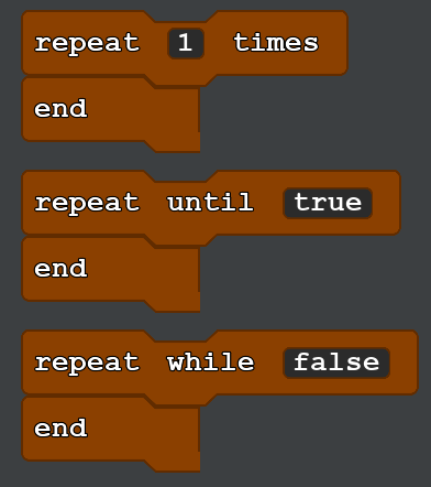 A snippet from Quorum Studio, showcasing the three kinds of repeat blocks in the block palette. In order, they show:
repeat 1 times
end

repeat until true
end

repeat while false
end