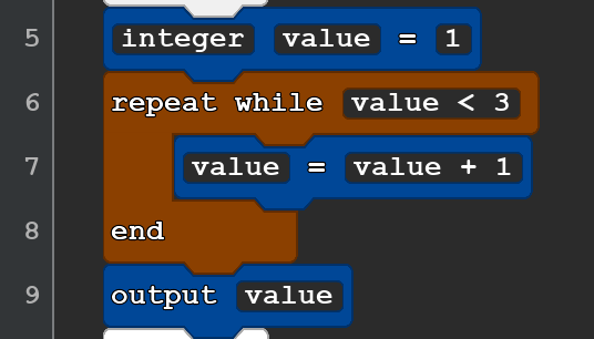 A Quorum Studio program with 5 lines. The second and fourth line are a single repeat while block. The text of the program is:
integer value = 1
repeat while value < 3
value = value + 1
end
output value