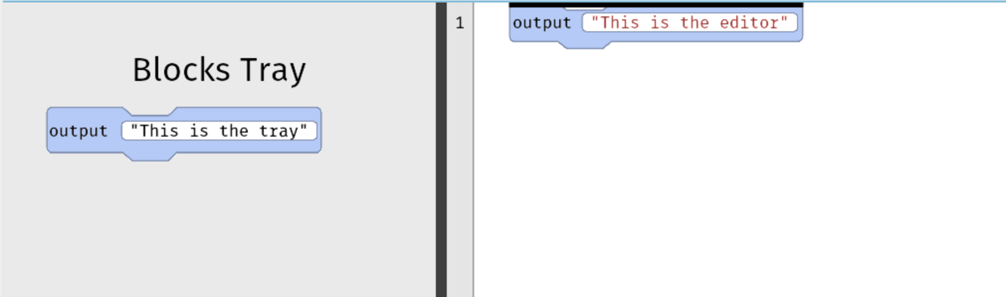 The program editor has two sections, the blocks tray and the block editor. The block tray contains code block options and the editor contains the blocks that make up a program.