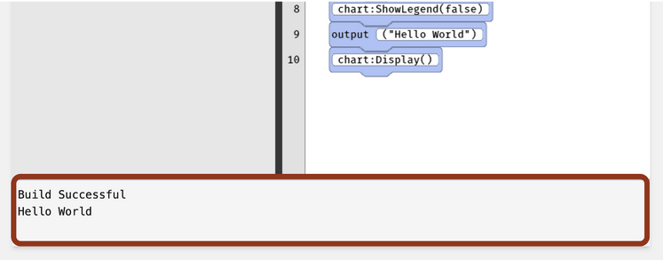 The output component of Quorum Blocks, displays text 'Build Successful hello world.'