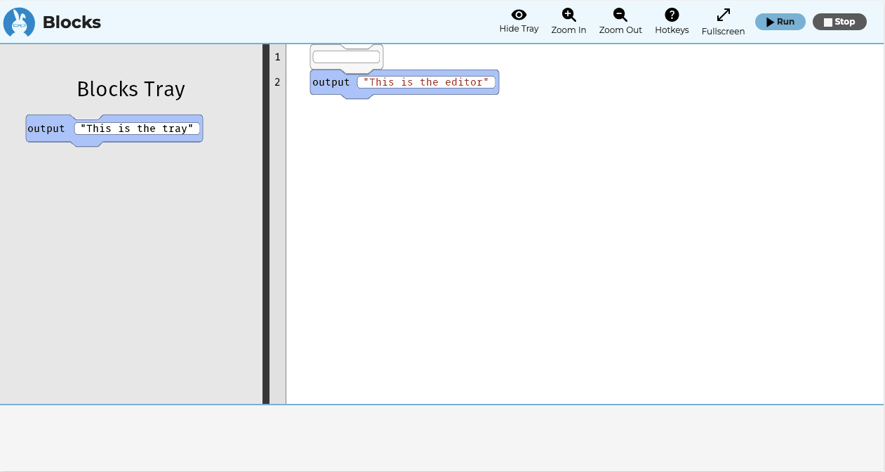 This is an image on Quorum Blocks. On the left is the block tray and on the right is the editor. They look similar to panels that contain small bricks. They can be used through drag and drop or the keyboard.