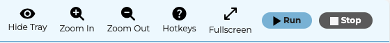This is the toolbar. The buttons are Hide Tray, Zoom In, Zoom Out, Hotkeys, Fullscreen, Run, and Stop.