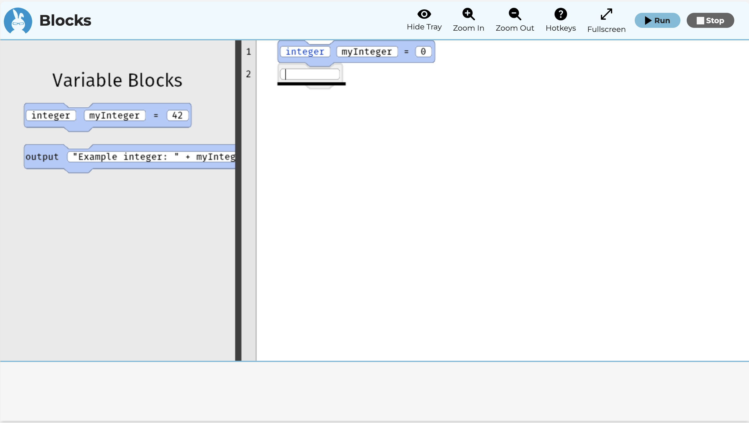 This is another online environment, but in this case the integer template was run, which now says integer myInteger = 0