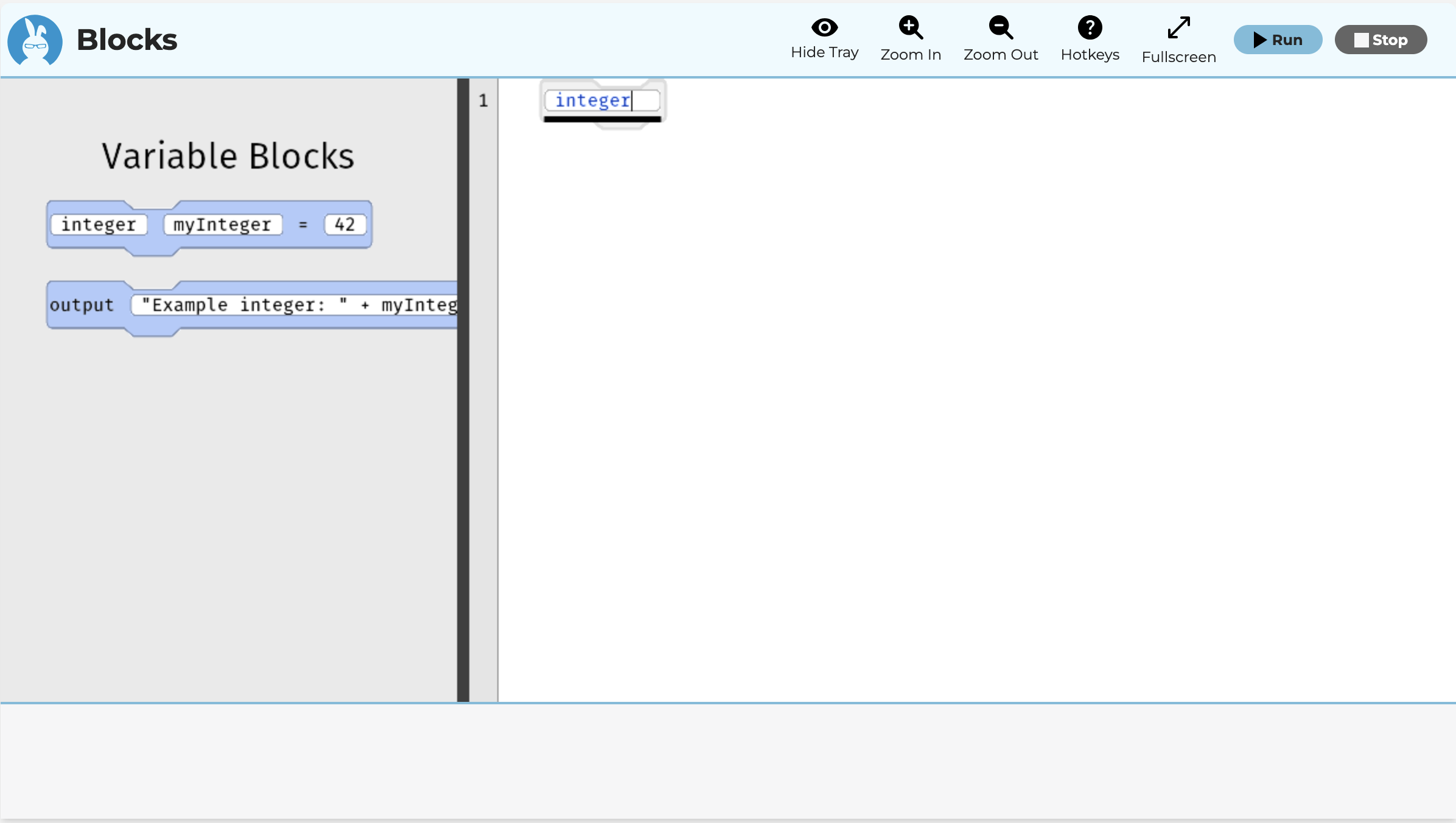 This image shows an image of the online environment. The important part here is that there is a blank block with the word integer, which would be an error.
