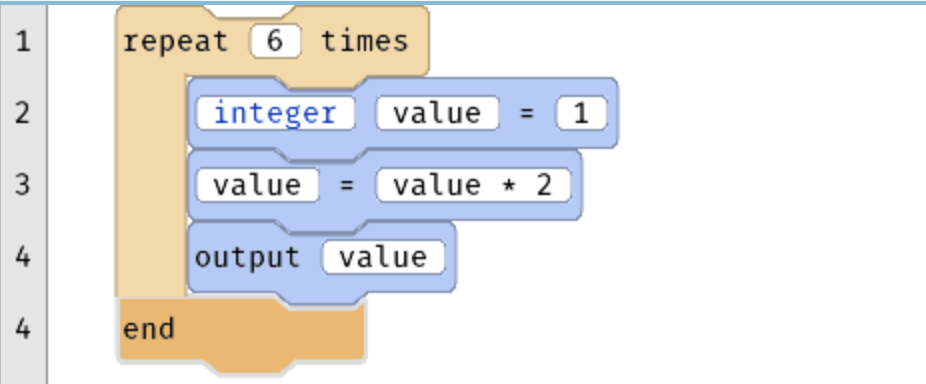 A 5-line Quorum program. It reads:
repeat 6 times
integer value = 1
value = value * 2
output value
end