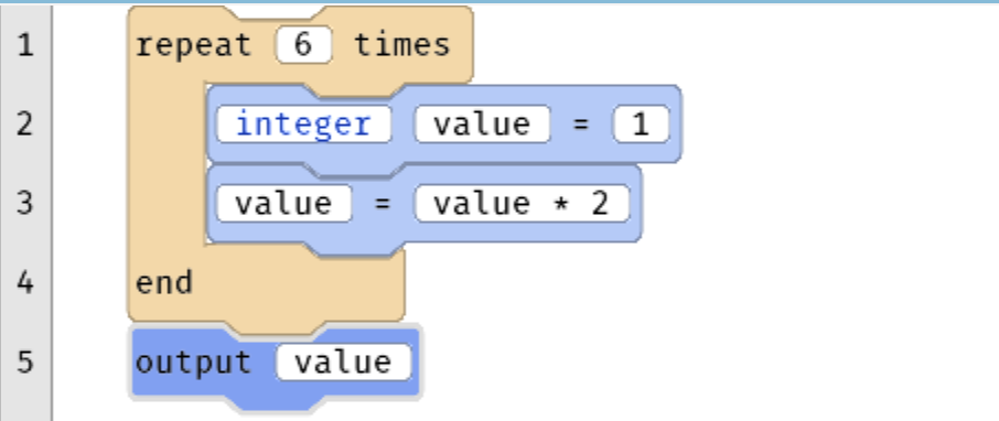 A 5-line Quorum program. The last line, the output block, flashes red because it is an error. The program reads:
repeat 6 times
integer value = 1
value = value * 2
end
output value