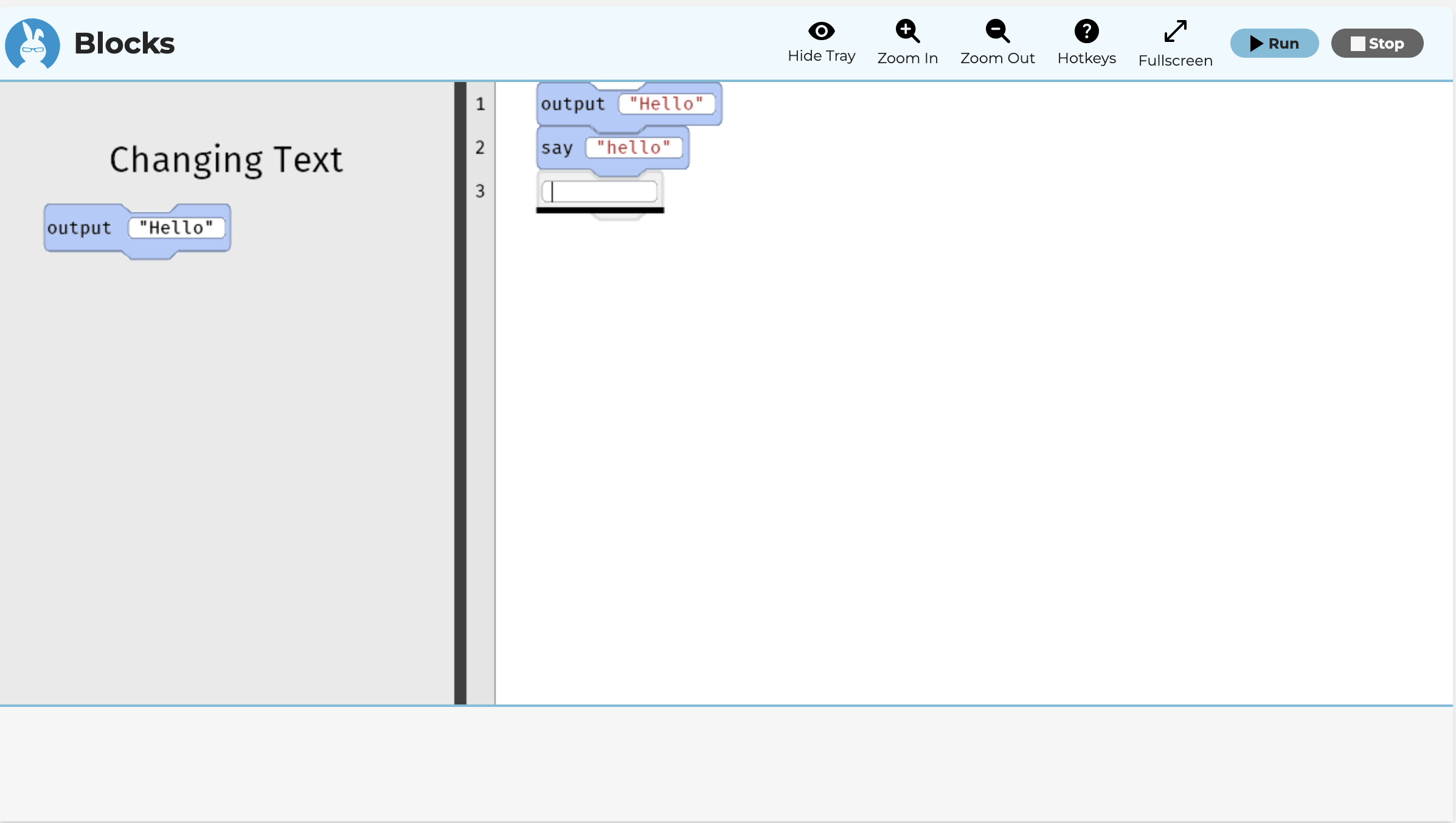This image is the same code again, but now there is a blank block on line 3. The horizontal and the vertical cursor are on the line. This provides a visual indicator of the position. Screen readers will say you are at the beginning of a text field.