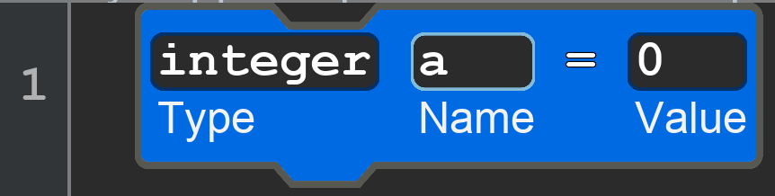 This is a block for integer a = 0. This time, however, the block is visually expanded to show the type, name, and value attributes.