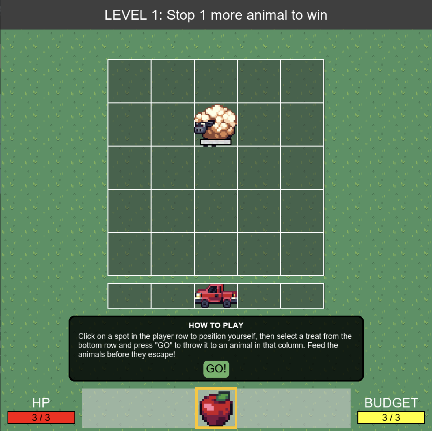 This image shows Petting Zoo Hero. There is a sheep, a truck ready to throw treats, a hitpoint monitor, and a budget monitor. An apple can be thrown in this version.