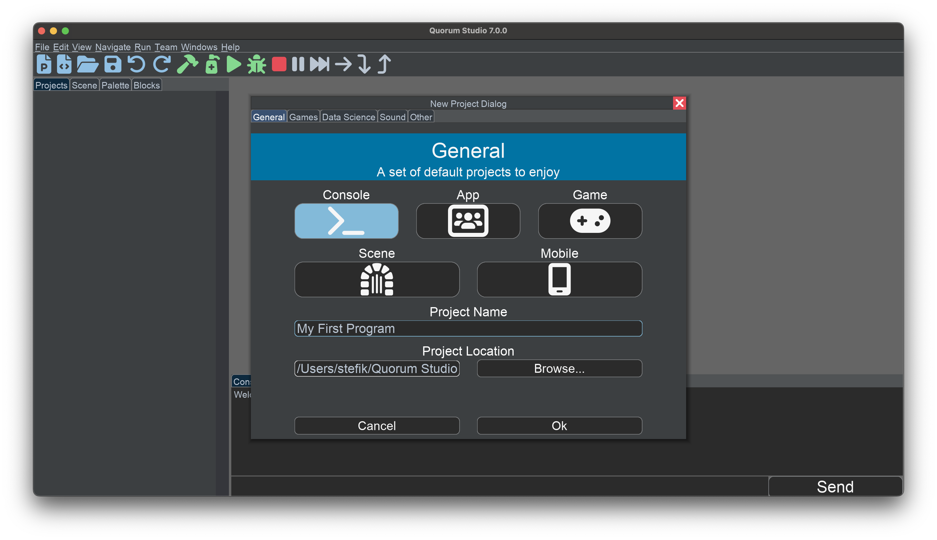 This shows the New Project Dialog with the Console project selected.