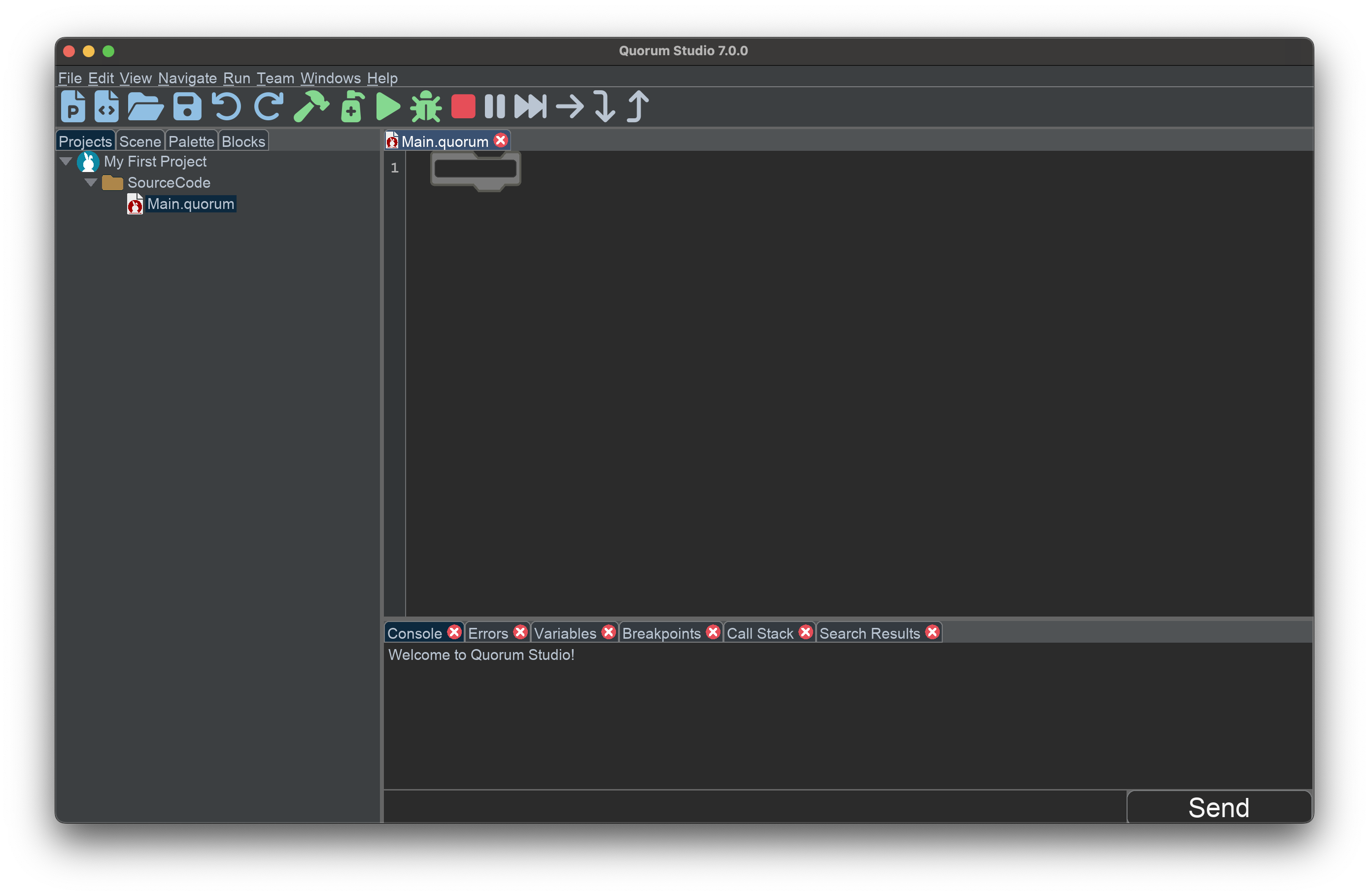 This image shows the project open with a blank editor and one block in it.