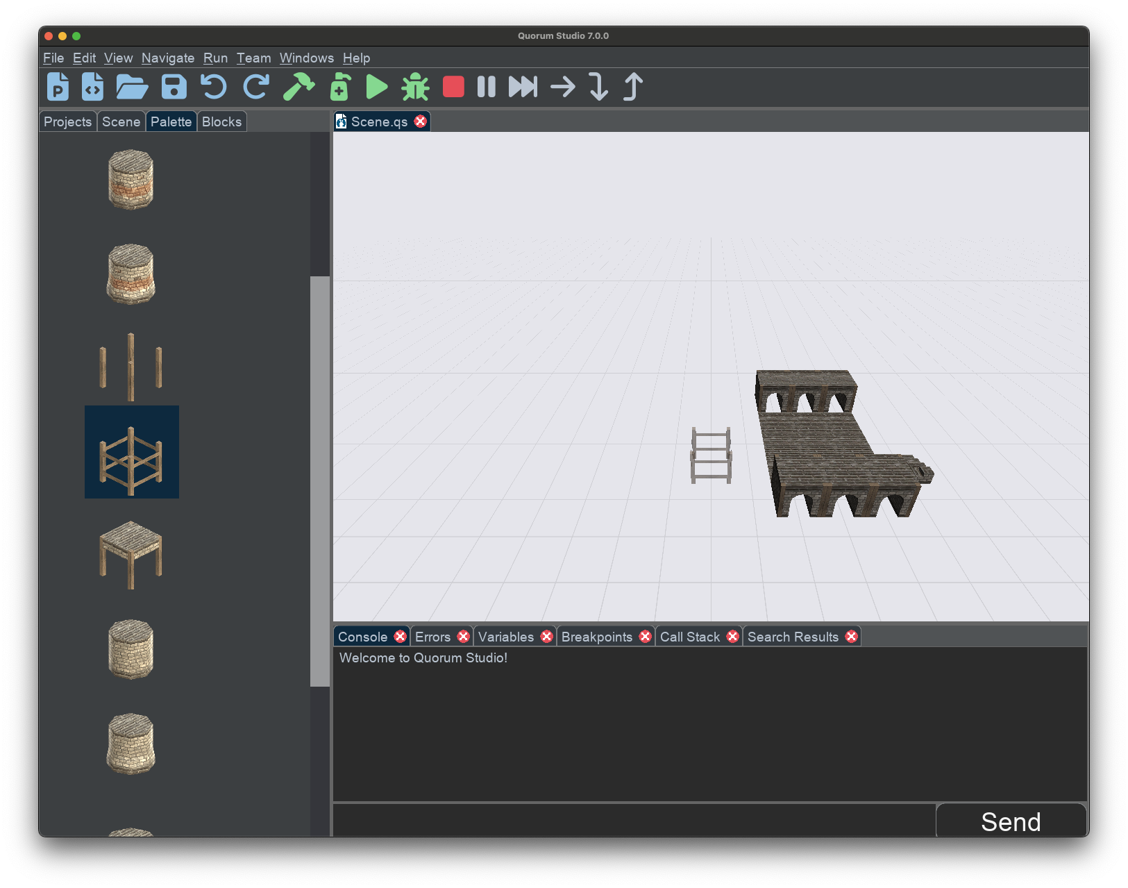 This shows an image of a game created using the 3D game scene editor. It contains a list of items to place in the game and a piece of a medieval castle.