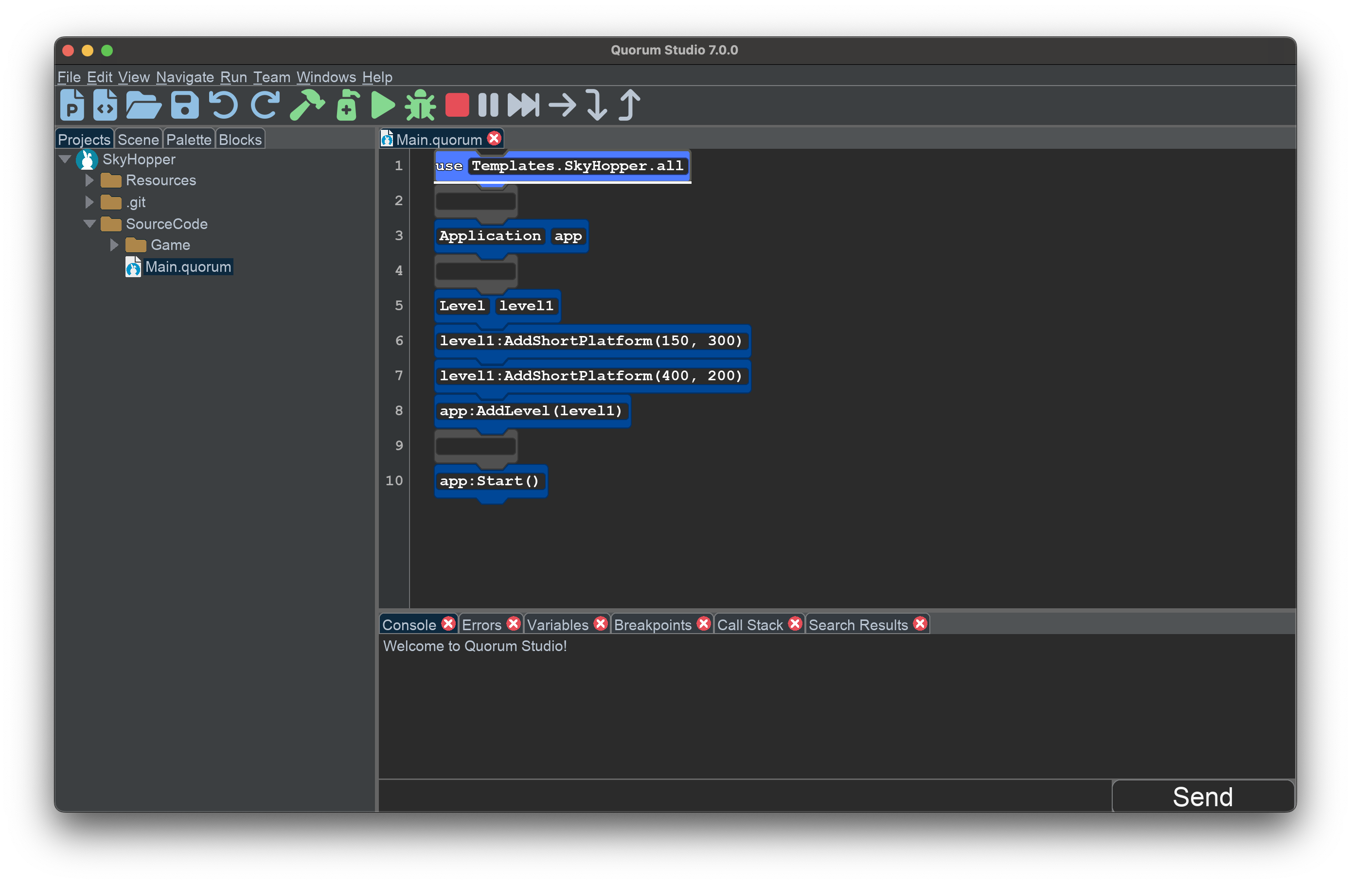 This shows the default code in the skyhopper project. It has a level and two platforms.