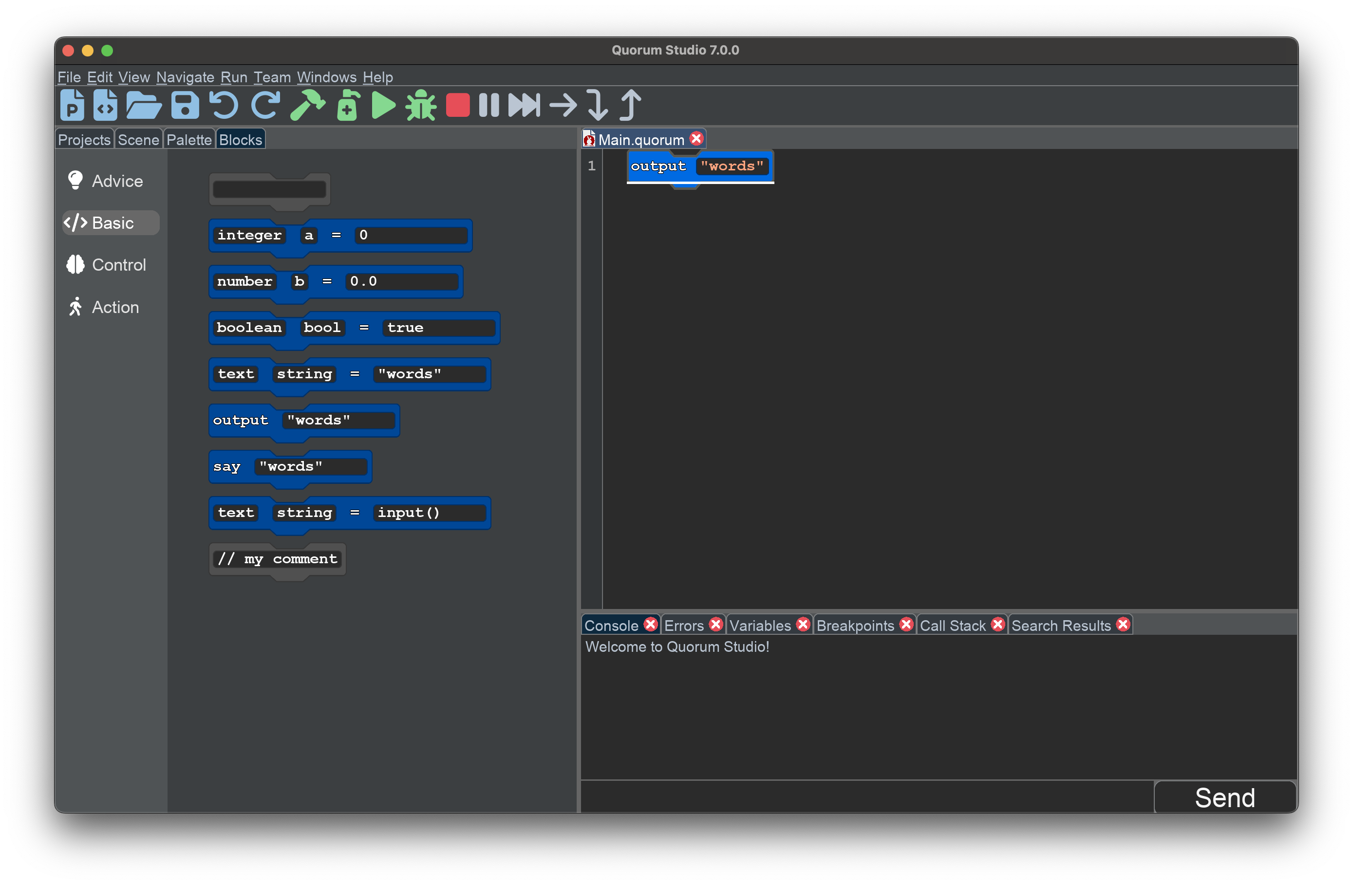 This image shows Quorum Studio with the blocks category open in the palette and an output statement in the editor.