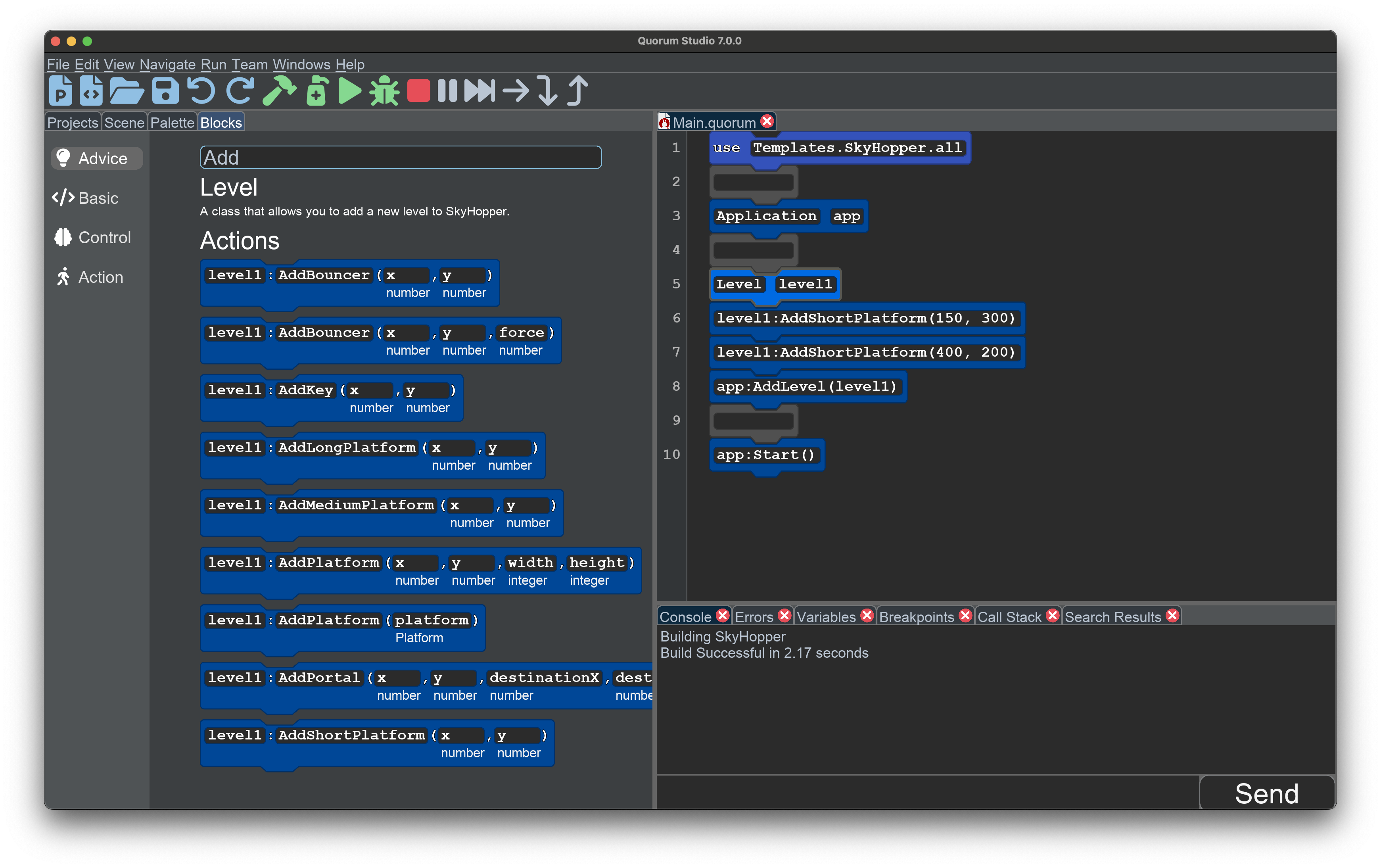 This image shows the advice palette with Level level1 selected. The advice filter is active with the word Add in it, highlighting only actions with that name in them.