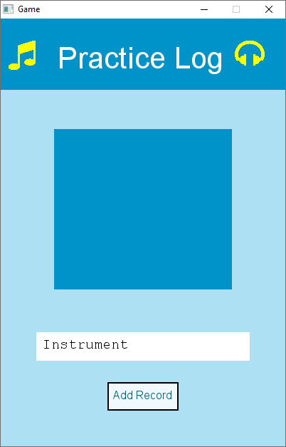 A picture of an example app. It has a light blue background, and a dark blue banner at the top. There is a label on top of the banner which reads 