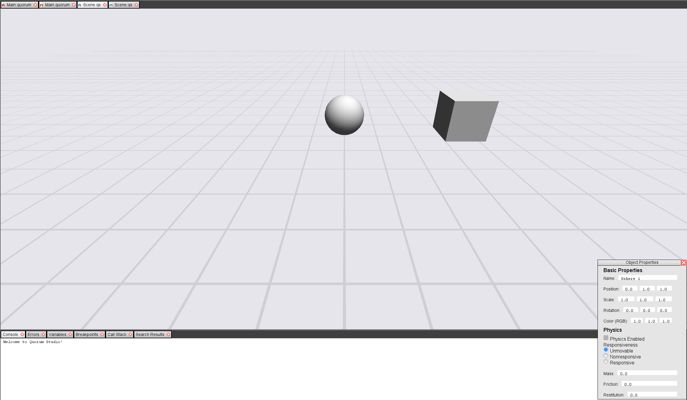 This  features a Sphere shape in the middle of the camera's perspective
            and a Cube shape to the right of the sphere